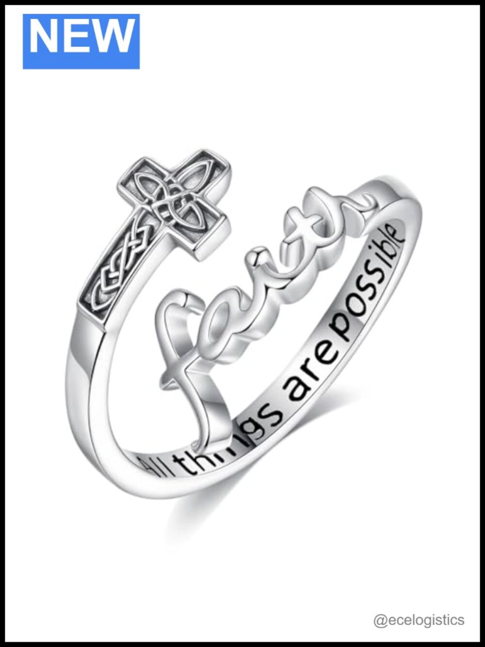 Sterling Silver Celtic Cross Faith Ring Adjustable Statement Band